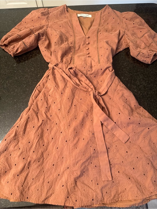 Taylor Dresses & Skirts - Taylor Rust Eyelet Midi Dress with Self-Tie Waist